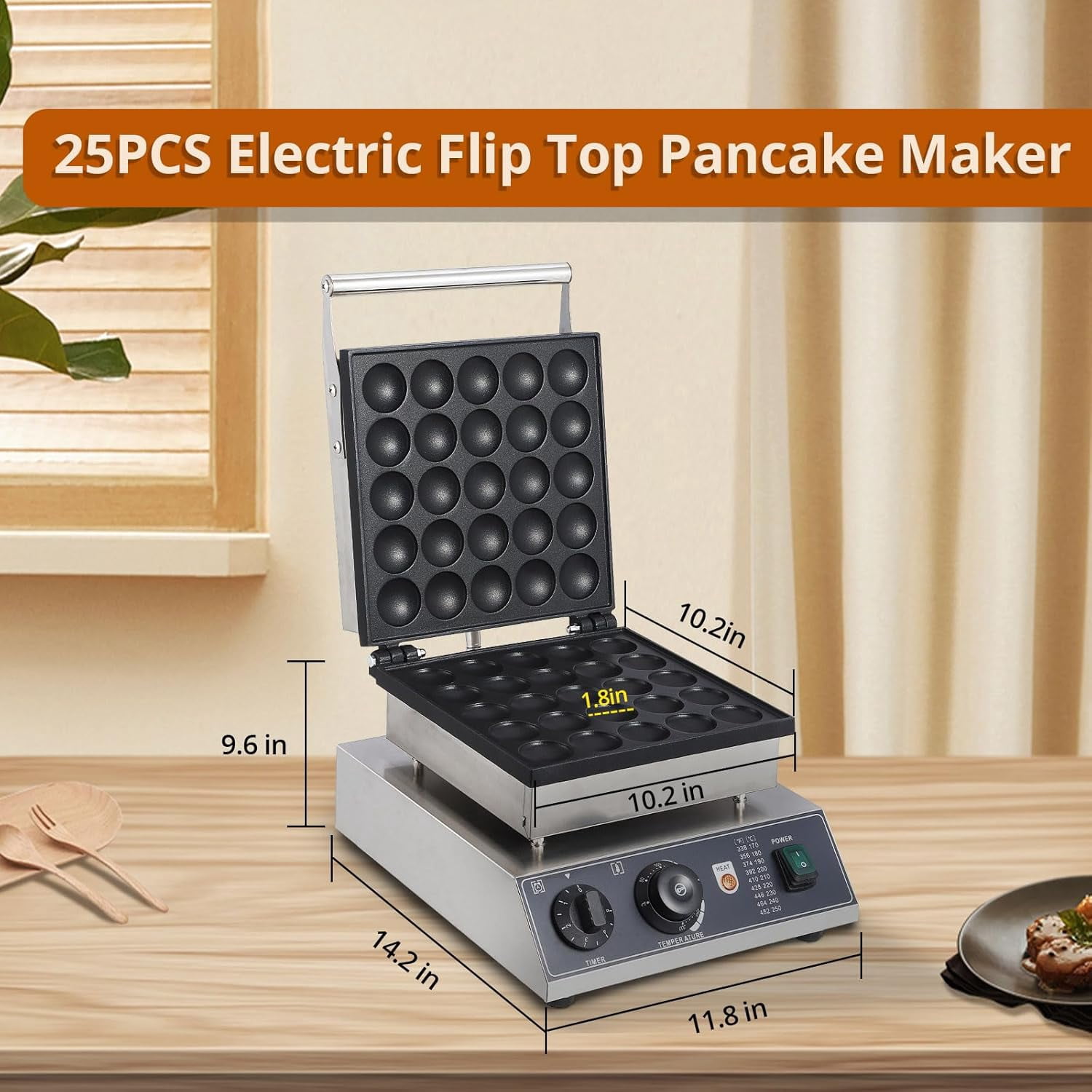 Commercial Round Muffin Maker 25 Hole Flip Top Non-Stick Waffle Maker Stainless Steel 110V Temperature and Time Control Heart Belgian Waffle Maker Ideal for Restaurant, Snack Bar and Home Use