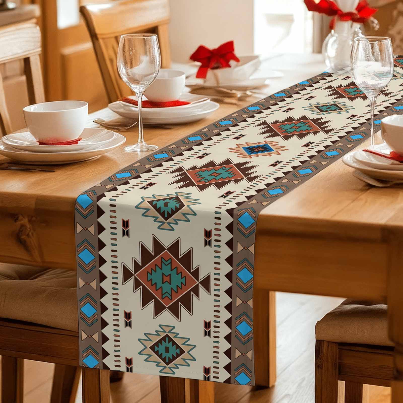 Boho Southwest Table Runner, Farmhouse Aztec Tribe Brown Blue Plaid Washable Cotton Linen Table Runners 90 Inches Long, Dresser Scarf Runner for Dining/Coffee/Kitchen/Hallway Tables 13''x90''