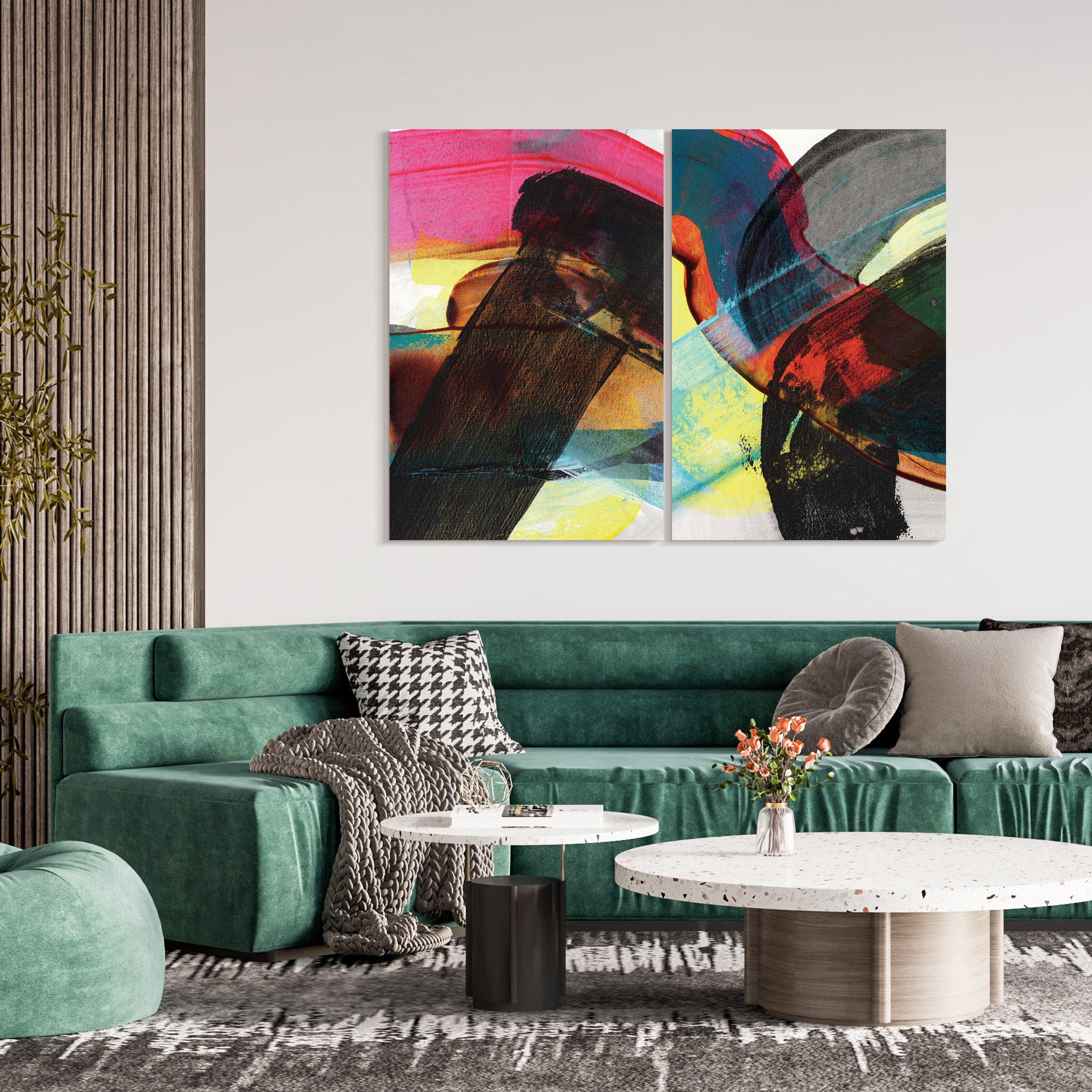 "Carnival Crossing Abstract I&II" Frameless Free Floating Reverse Printed Tempered Glass Wall Art Set of 2