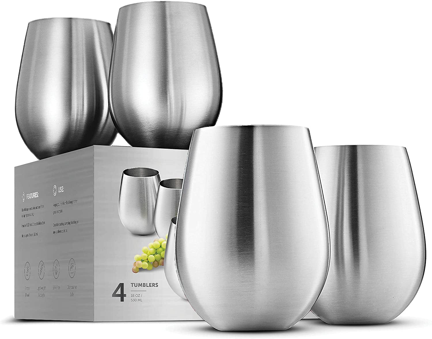 Pack of 4 Stainless Steel Wine GlassesUnbreakable Metal Drink CupsM&W 