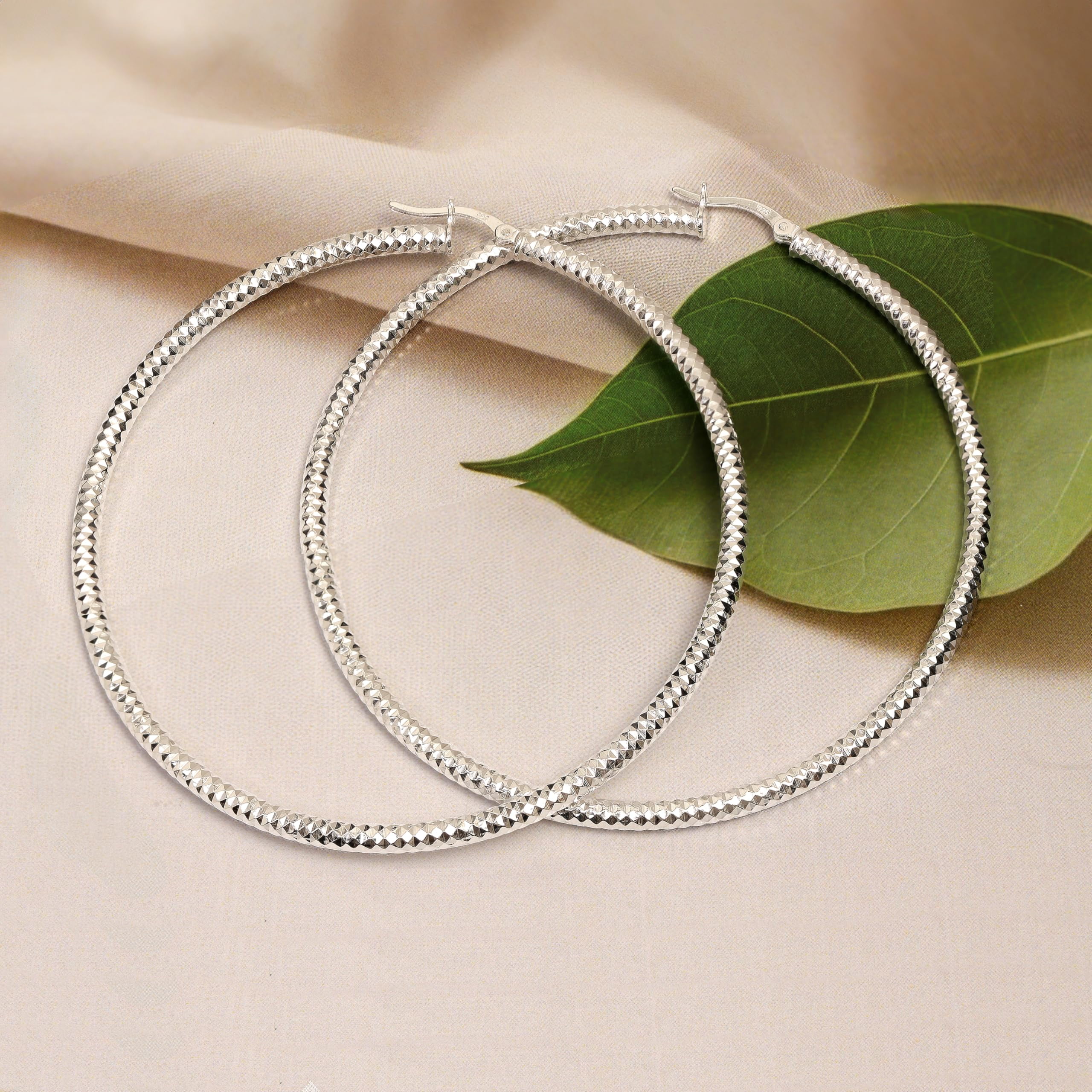 LeCalla 925 Sterling Silver Extra Large Diamond-Cut Classic Italian Design Big Hoop Earrings Jewelry Gifts for Women and Teen 70MM