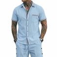 thumbnail image 5 of Men's Linen Shirts and Shorts Set Short Sleeve 2 Piece Beach Vacation Outfits Summer Yoga Suits with Pockets Sky Blue, 5 of 6