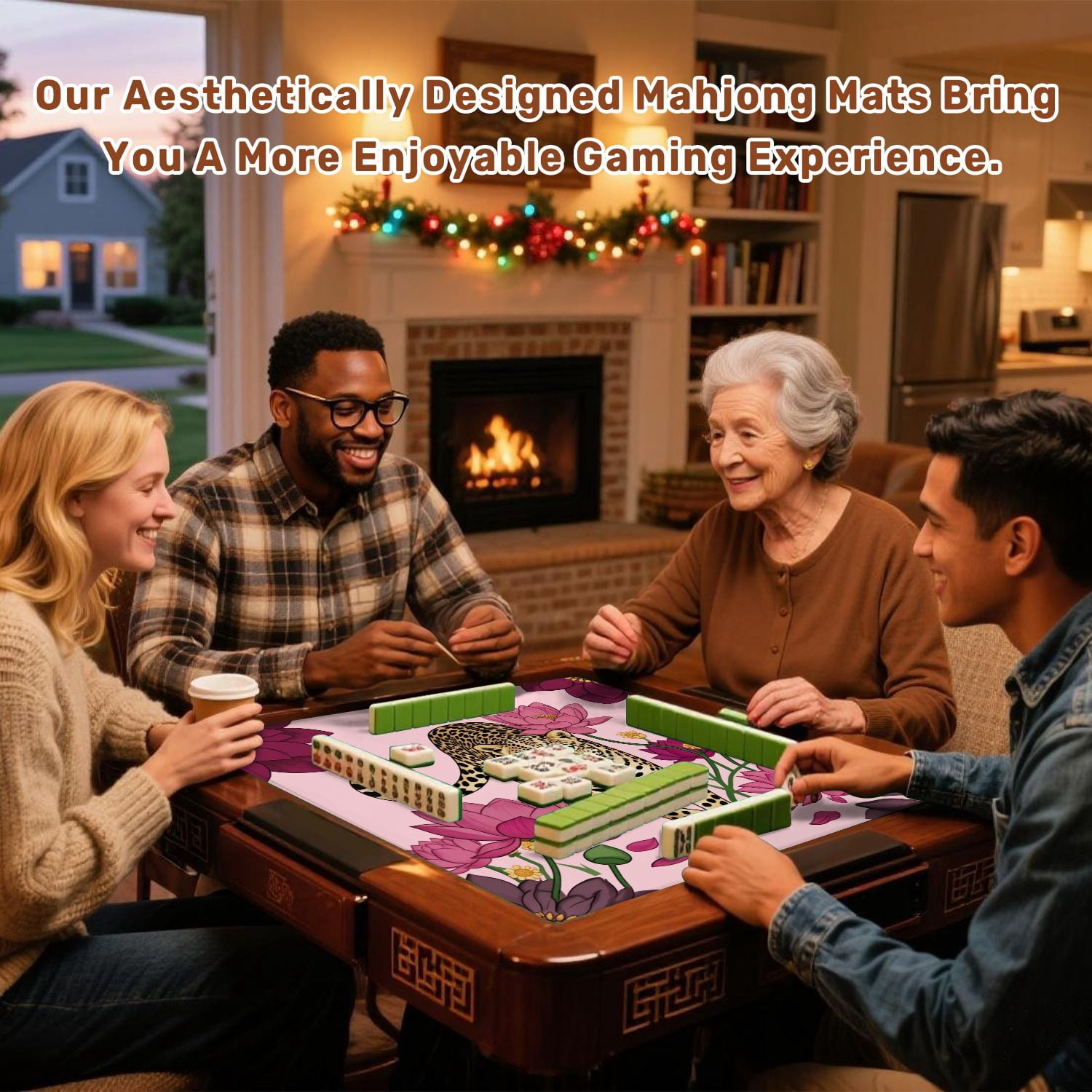 Mahjong Mat 31.5" x 31.5" Majestic Leopard Blue Eyes Among Pink Purple Lotus Flowers Non-Slip Noise Reduction American Mahjong Tiles Table Cover for Dominoes Poker Card Board Games Gift