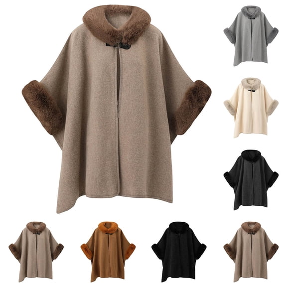 Fewfanhot Faux Fur Collar Wool Blend Cape Poncho, Buckle Closure Warm Wrap Coat for Women Fall Winter Daily Wear