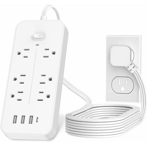 Power Bars with Surge Protector, Flat Plug Exetnsion Cord, Power Strip Outlet Extender with 6 Outlets and 4 USB Ports(1 USB C), Wall Mount for Home Office College Dorm Room Essentials