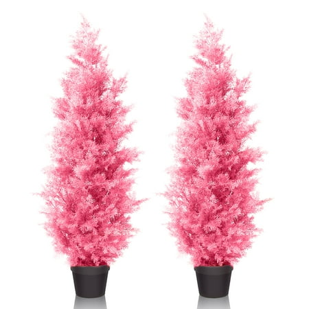 LINBONIO 4 ft Pink Artificial Cedar Tree UV Protection Faux Cedar Pines Outdoor Garden Office Store Front Porch Decoration 2 Pack