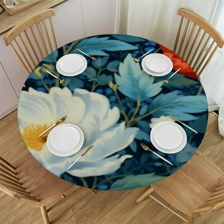 

Round Fitted Table Cover with Elastic Round Outdoor Tablecloth Floral Peony and Daisy Flower with Leaves Round