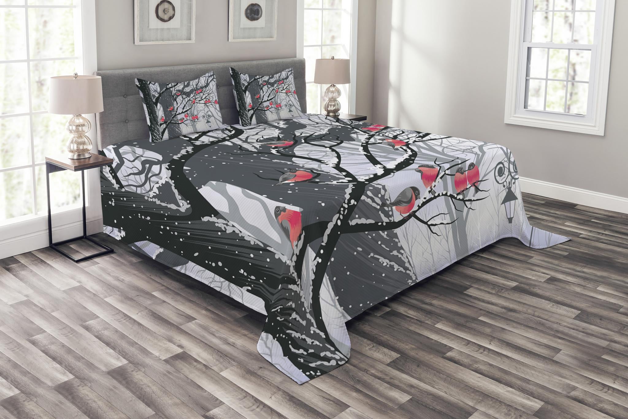 Winter Bedspread Set Queen Size, Cute Bullfinches on Trees Winter City Park Snow Cold Weather