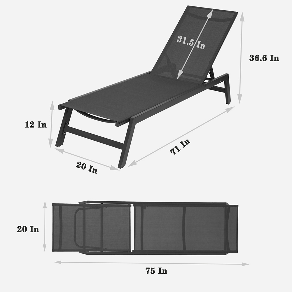 Kepooman Outdoor Chaise Lounge Chair, Adjustable Lightweight Portable Beach Lounge Chair for Patio, Garden, Pool, Lawn, Deck, Sunbathing, Camping Reclinging Chair, Black - image 5 of 8