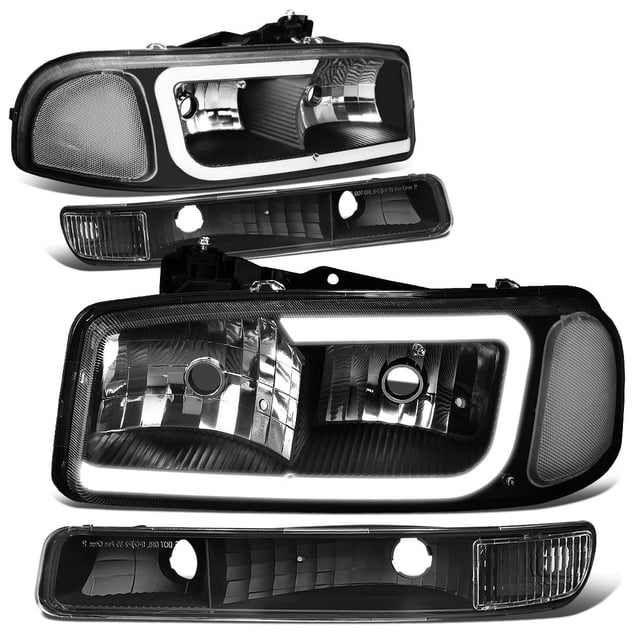 faros de parachoques y faros delanteros dna motoring hl-lb2-sierra99-bk-cl1 Conjunto de faros y luces de parachoques con carcasa negra, faros principales con reflectores múltiples y tira LED DRL blanca en forma de barra C; orificios de montaje visibles para instalación atornillada y funcionamiento plug-and-play. Compatible con Sierra 1999–2006 (2007 solo modelos clásicos); no compatible con todos los Denali. Ideal para reemplazar faros desgastados o uso en exhibiciones sin perforaciones.