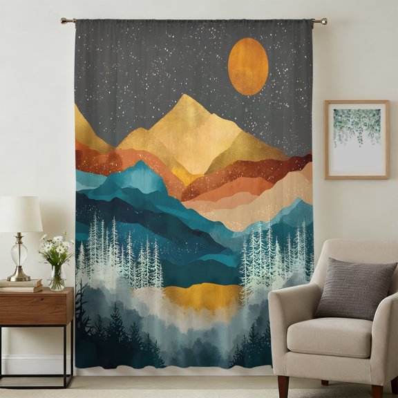 Abstract Mountain Sheer Curtains 84" Long for Living Room, Boho Sun Orange Turquoise Hills Forest Retro Light Filtering Privacy Drapes, Breathable Semi Sheer Window Treatment for Bedroom Dining Room