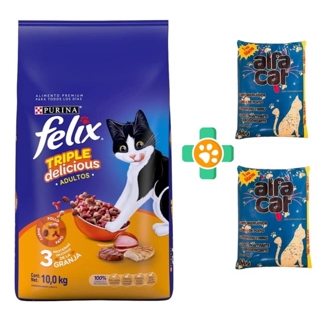Alimento Para Gato Felix Triple Delicious de 10 kg + Arena Alfa Cat de 12 Kg
