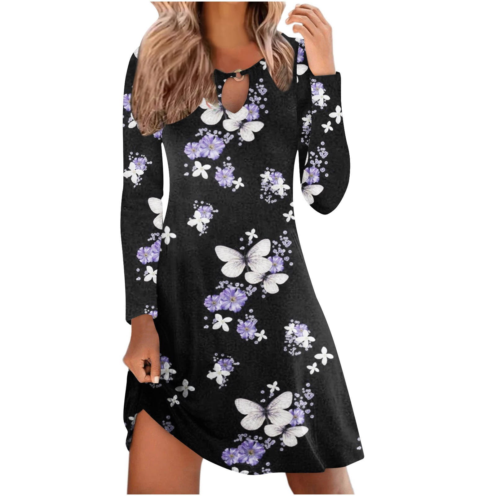 Butterfly Printed Dress Trendy Keyhole Cut Out Crewneck