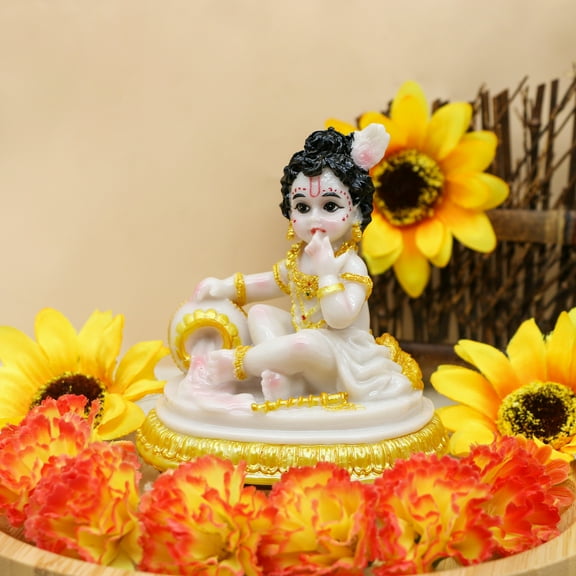 Baby Krishna for Car Dashboard - 4.1" H Marble Color Polystone Hindu God Lord Krishna Figurine for Vehicle Decor Diwali Birthday Pooja Gift for Indian Home Temple Mandir Altar Puja Item
