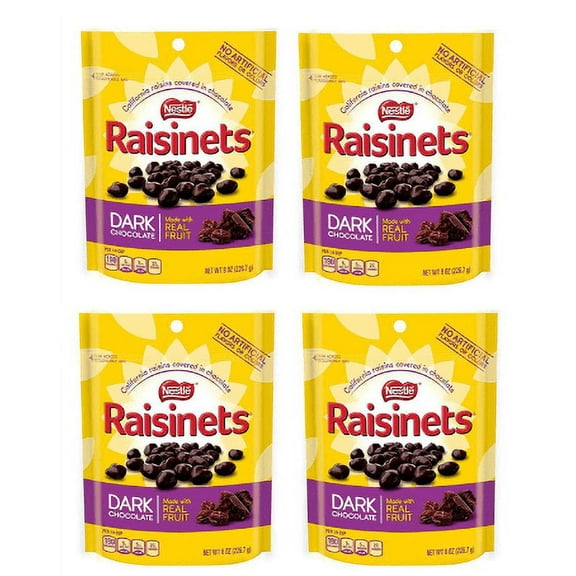 Set of 1- Raisinets Dark Chocolate 8 oz. Standup Bag (4 Pack) Dark Choc Raisinets Dark Chocolate Raisinets EBT Dark Chocolate Covered Raisins