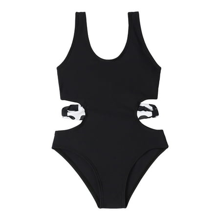 

Girls Solid Color Basic Swimsuit Hollow Out Waist Design Toddler 2-12 Swimming Pool Hot Spring Swimwear Beachwear Child Leisure Outwear