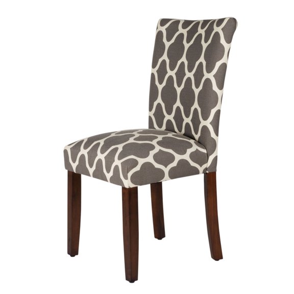 Wooden Parson Dining Chair with Quatrefoil Pattern Fabric Upholstery, Gray and White, Set of Two