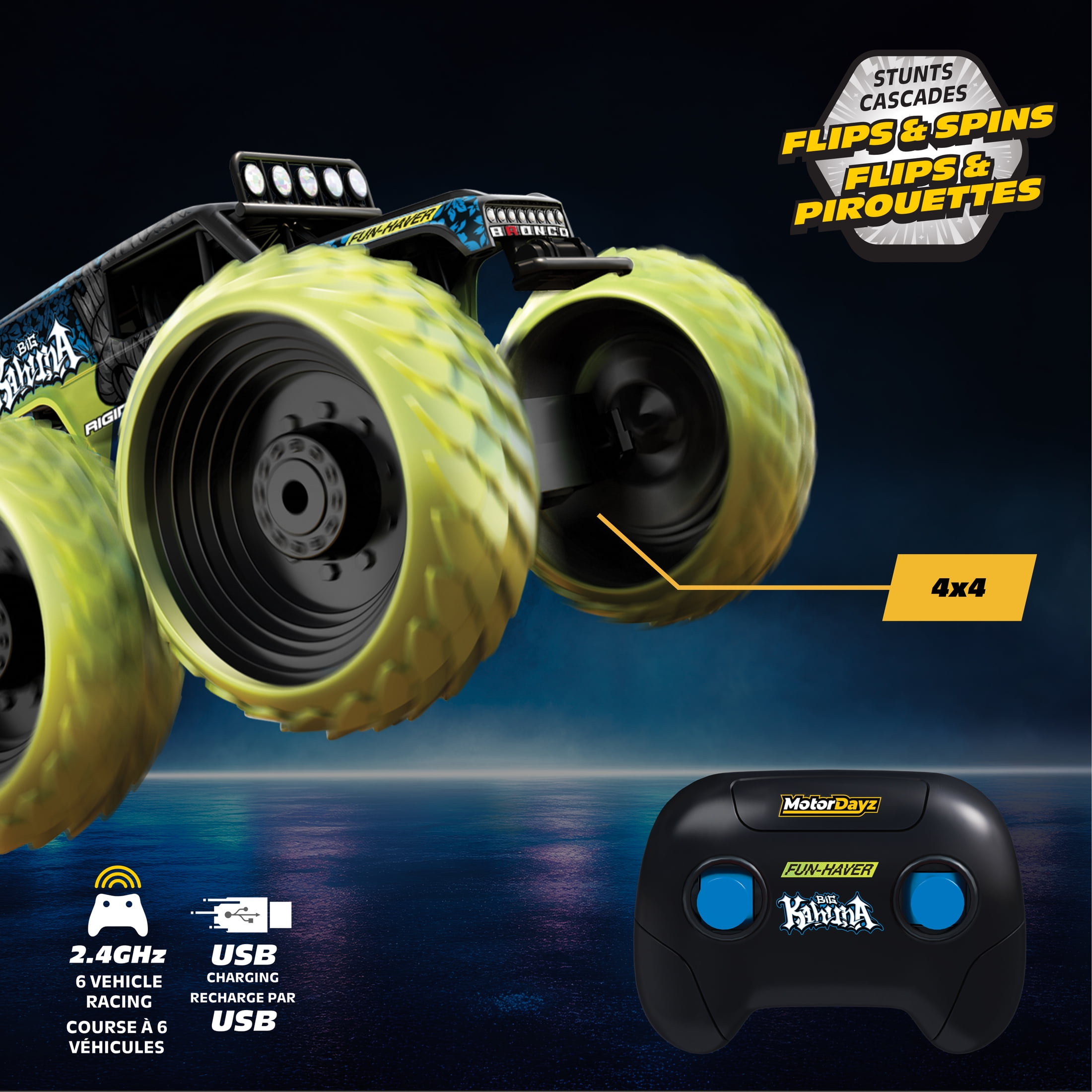 Motor Dayz 1:14 Scale Remote Control Vaughn Gittin, Jr. "Big Kahuna" Bronco 4x4 Monster Truck, Green, Child, Ages 6+