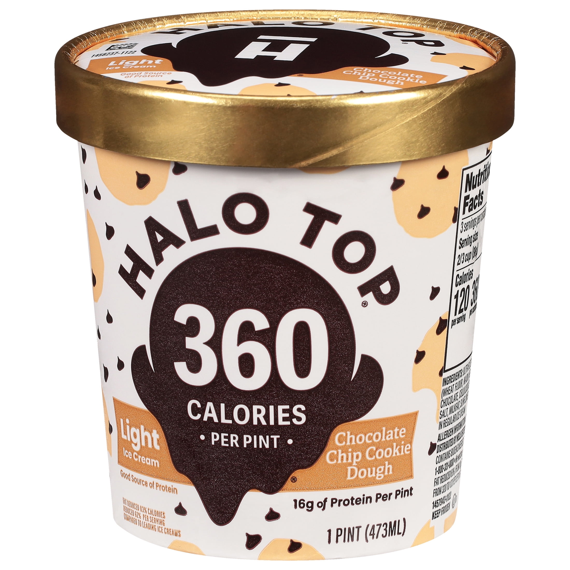 Halo Top Chocolate Chip Cookie Dough Light Ice Cream, With a Good Source of Protein, Lower Calorie Frozen Dessert, 16 fl oz Pint