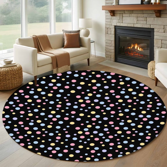 Colorful Polka Dot Round Area Rug 5Ft Washable Circle Rugs for Living Room Bedroom, Modern Minimalist Geometric Black Non-Slip Carpet Floor Mats Indoor Outdoor Carpet Runner Aesthetic Home Decor