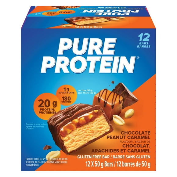 CHOCOLATE PEANUT CARAMEL, 20 g protein, gluten free, 12 X 50 g bars, New Look! Pure Protein bars feature the winning combination of high protein and great taste.