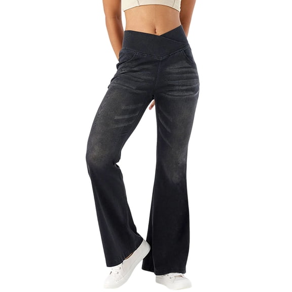 MYAOYI Womens High Waisted Flare Jeans Crossover Pull On Denim Pants