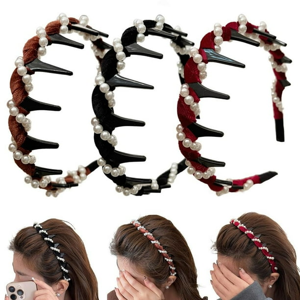 Pisexur Belleza Maquillaje Diadema vintage de 3 piezas con perlas artificiales y forma de cráneo alto, de terciopelo y cuentas onduladaspara mujeres y hombres