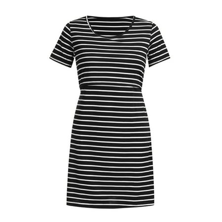 

nsendm Sleeve Boat-Neck Summer Stripe Short Maternity Pregnant Dress Women Maternity dress Sunflower Baby Girl Outfit Dress Black Large