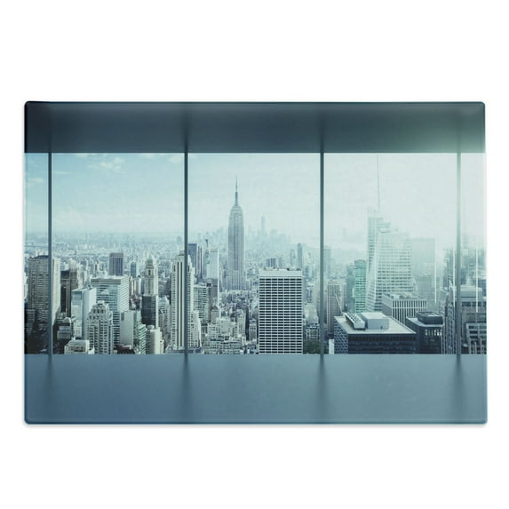 New York Cutting Board, Aerial View of a Big Crowded Modern City from the Office New York Buildings Urban, Decorative Tempered Glass Cutting and Serving Board, Large Size, Sky Blue, by Ambesonne