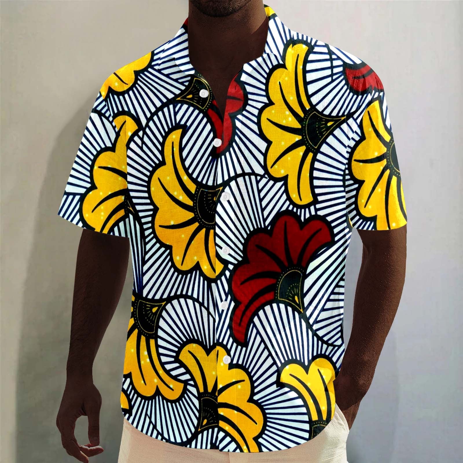 Chemise Homme Manches Courtes Style Africain Dashiki - Imprimé Fleuri Ankara, Vert Foncé, Polyester, Pour Fêtes Et Plage