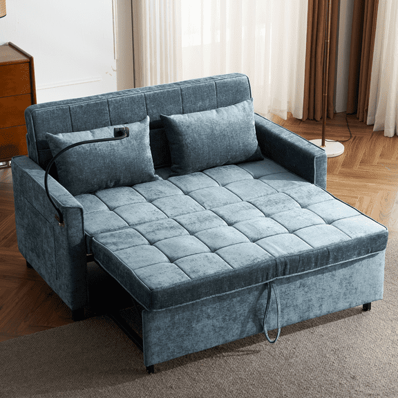 Harper & Bright Designs Loveseat with Pull Out Bed, Convertible Tufted Sleeper Sofa Bed with Adjustable Backrest, Chenille Pull-Out Bed with USB Charging Ports for Apartments Small Spaces, Blue