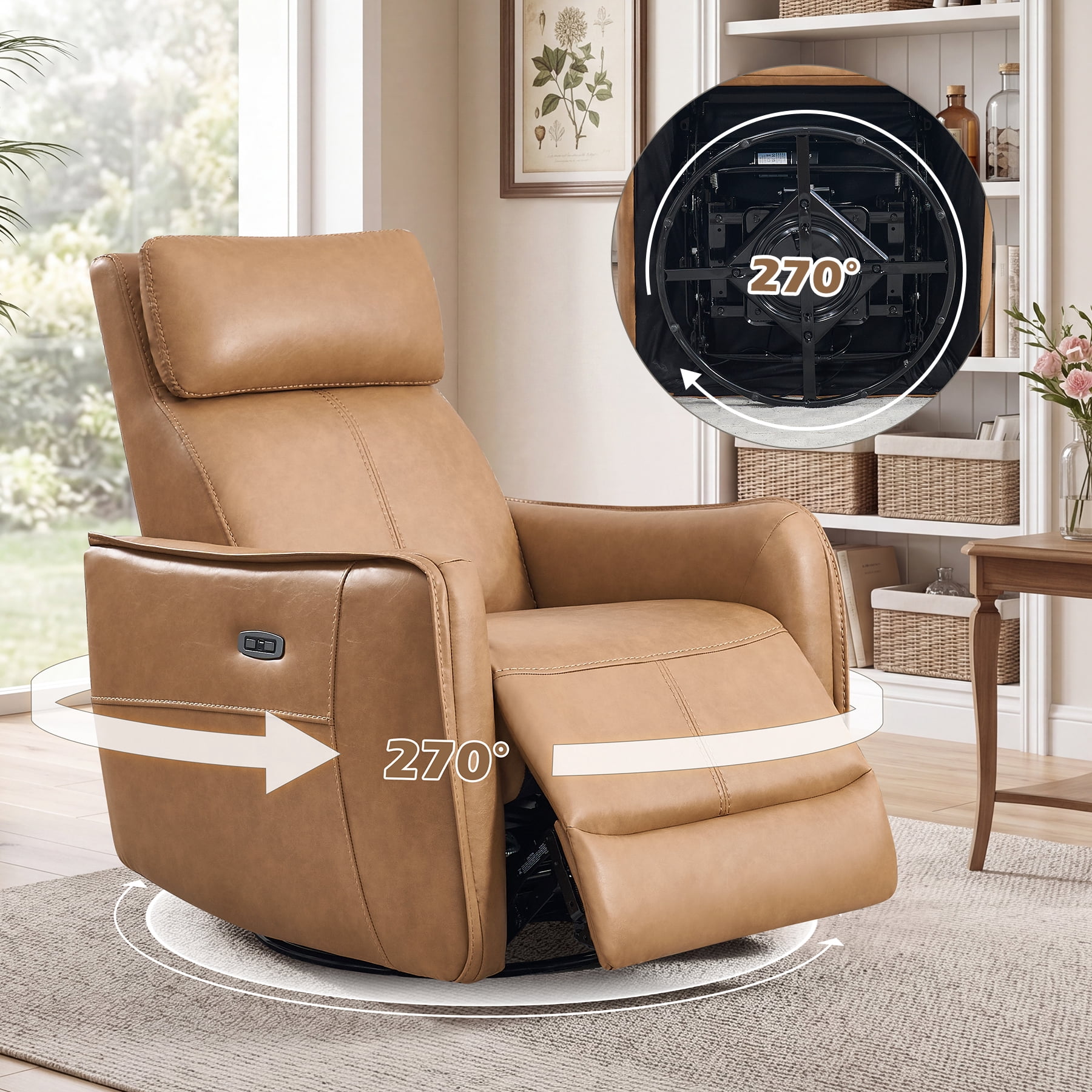 Ebello Power PU Leather Swivel Rocker Recliner, Electric Swivel Glider Chair with USB & Type-C Ports for Nursery, Living Room, Brown