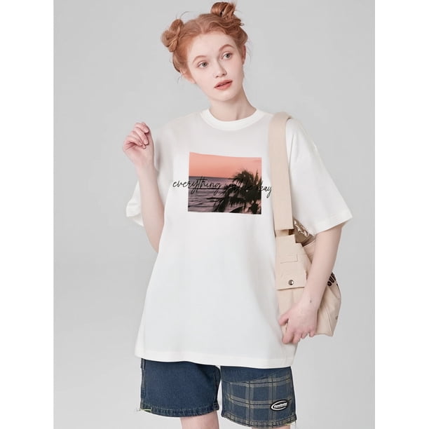 Camiseta vintage informal estampada para mujer con cuello redondo, camisetas de ocio
