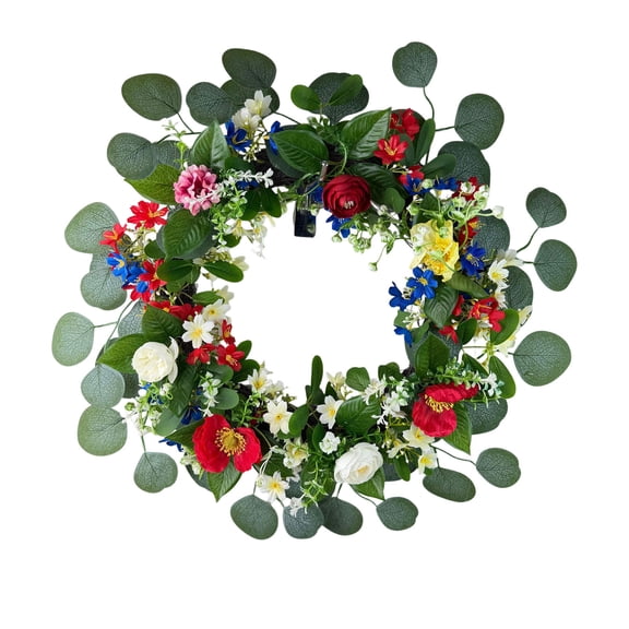 Diceymbol Patriotic Wreaths for Front Door 17.72 Inch Floral Eucalyptus Wreath 4th of July Independence Day Wreath with Colorful Flowers for Front Porch and Home Decor