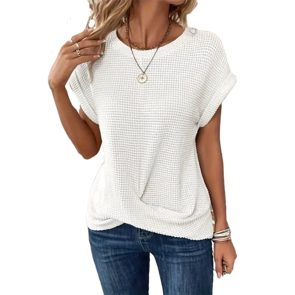 Women’s Waffle T-Shirt Crew Neck Roll Up Short Sleeve Tops Fashion Textured Loose Casual Tops ,White,M
