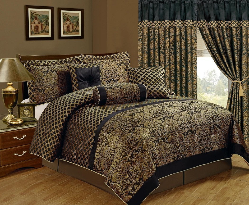 Chezmoi Collection Lisbon 7 Piece Black Gold Jacquard Floral