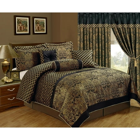 Chezmoi Collection Lisbon 7 Piece Black Gold Jacquard Floral
