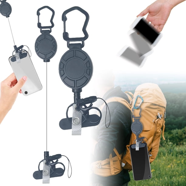 Correa retráctil para teléfono con mosquetón – Soporte duradero para teléfono en negro, ideal para senderismo, aventuras al aire libre y manos libres