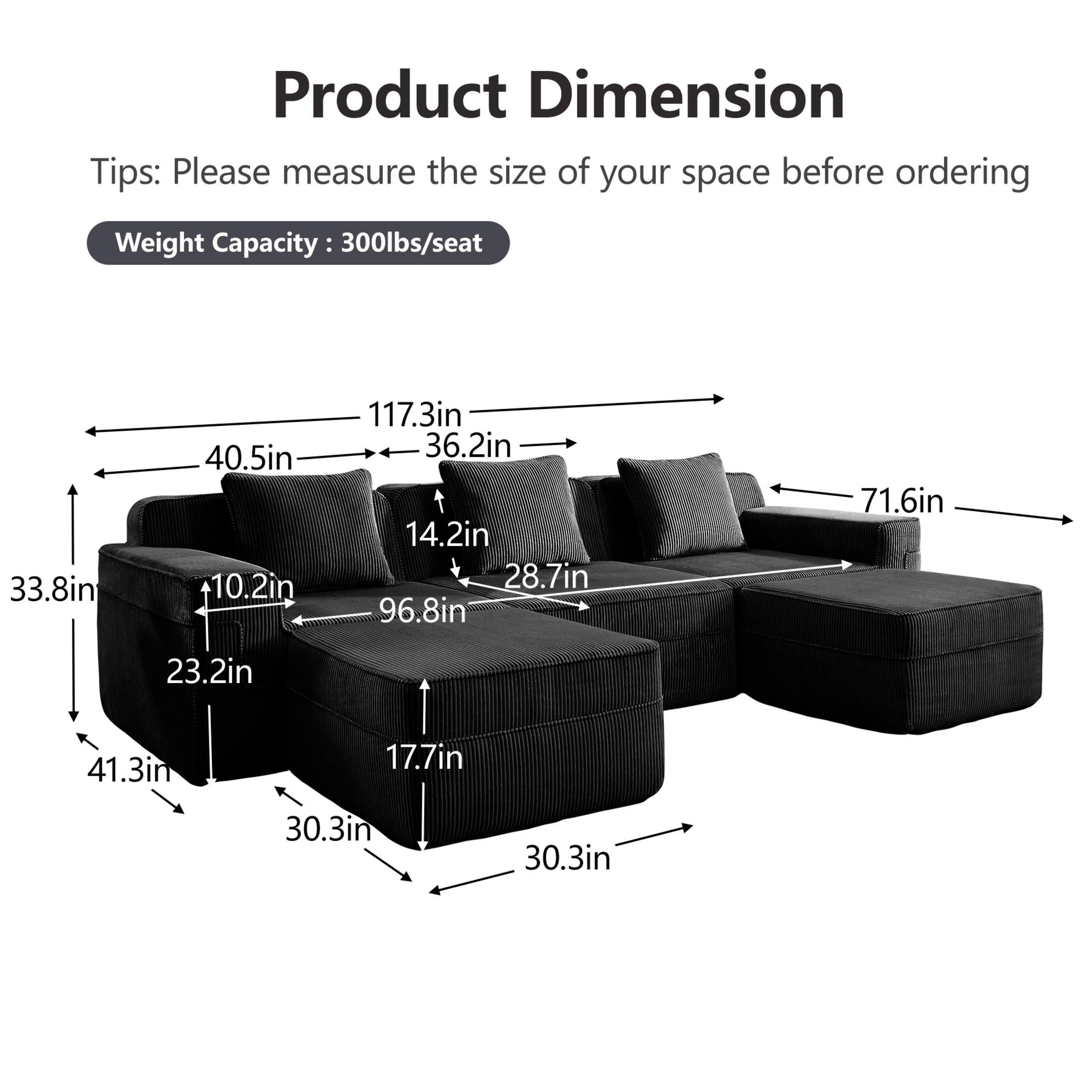 Noble House 3-Seat L-Shape Cloud Sectional Sofa, Boneless Design, Throw Pillows & 2Movable Ottoman, Corduroy Fabric,Black