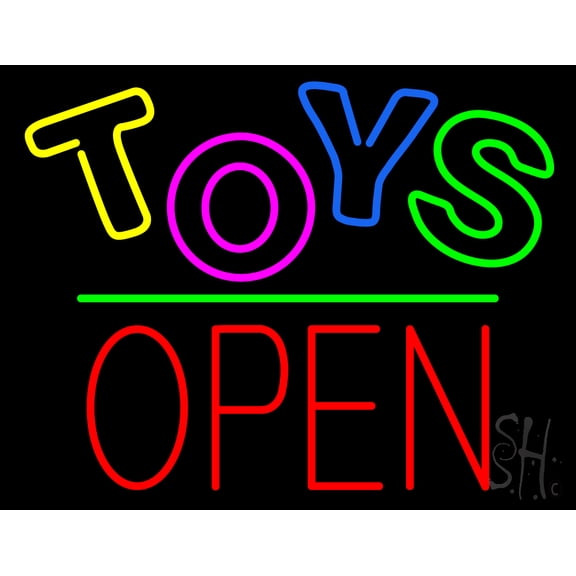 Toys Block Open Green Line LED Neon Sign 24 x 31 - inches, Black Square Cut Acrylic Backing, with Dimmer - Bright and Premium built indoor LED Neon Sign for wall décor, arcarde, and storefront.