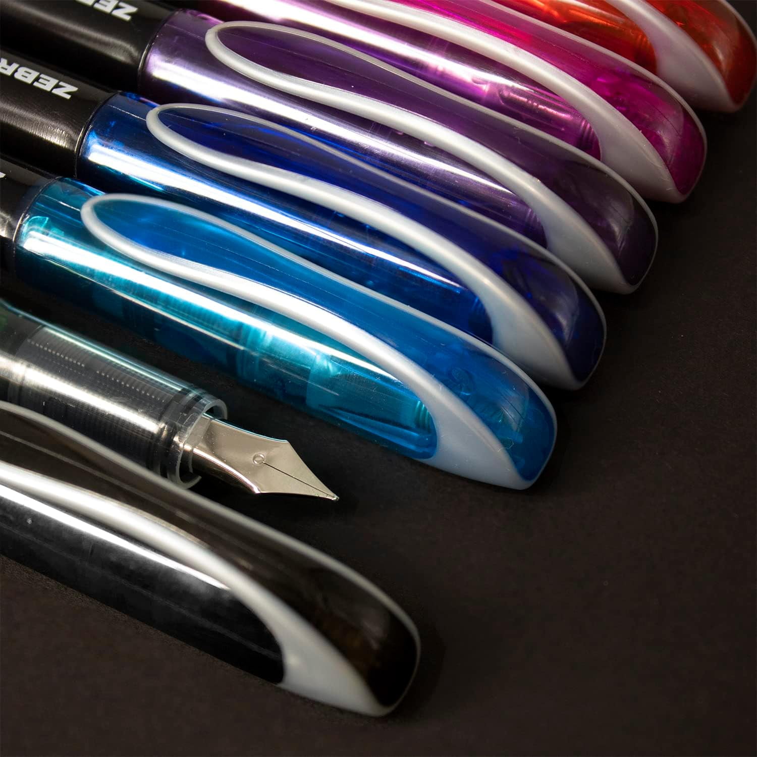 Zebra Fuente - Disposable Fountain Pen - Coloured Ink - Pack of 10 - Includes Pink/Blue Striped Pencil Case