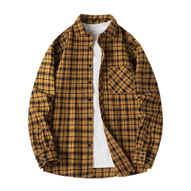 Blusa y camisa de manga larga con cuello vuelto para hombre, estilo informal, a cuadros, con bolsillos y botones, de licra