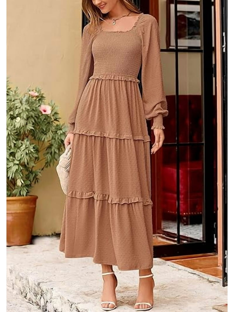 PRETTYGARDEN Women's Spring Long Sleeve Smocked Maxi Dress Casual