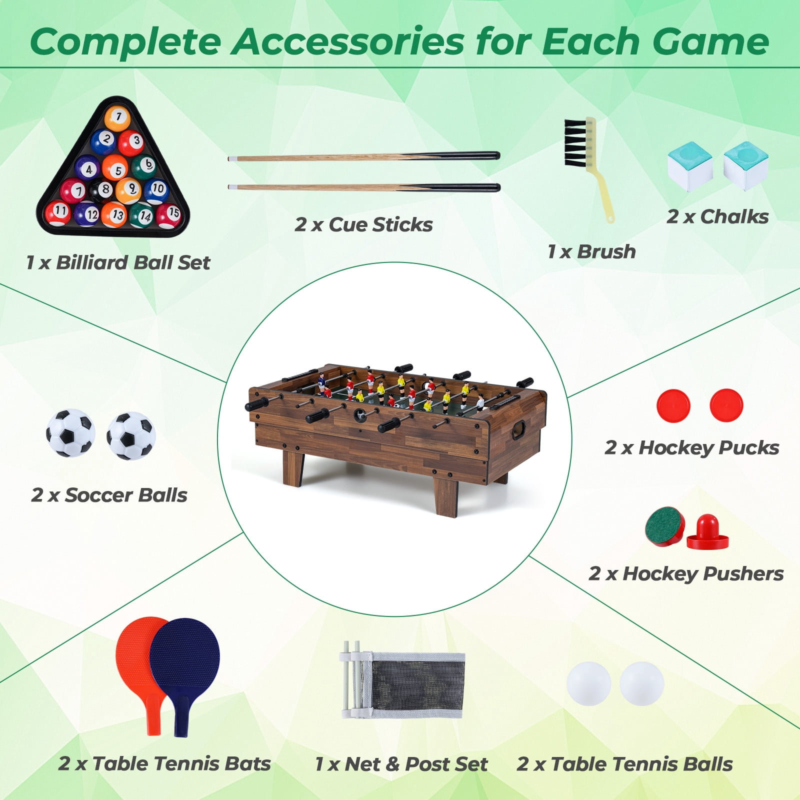 Patiojoy 4 in 1 Combo Game Table Set Foosball Table w/ Billiards Ping Pong Hockey & Complete Accessories Natural