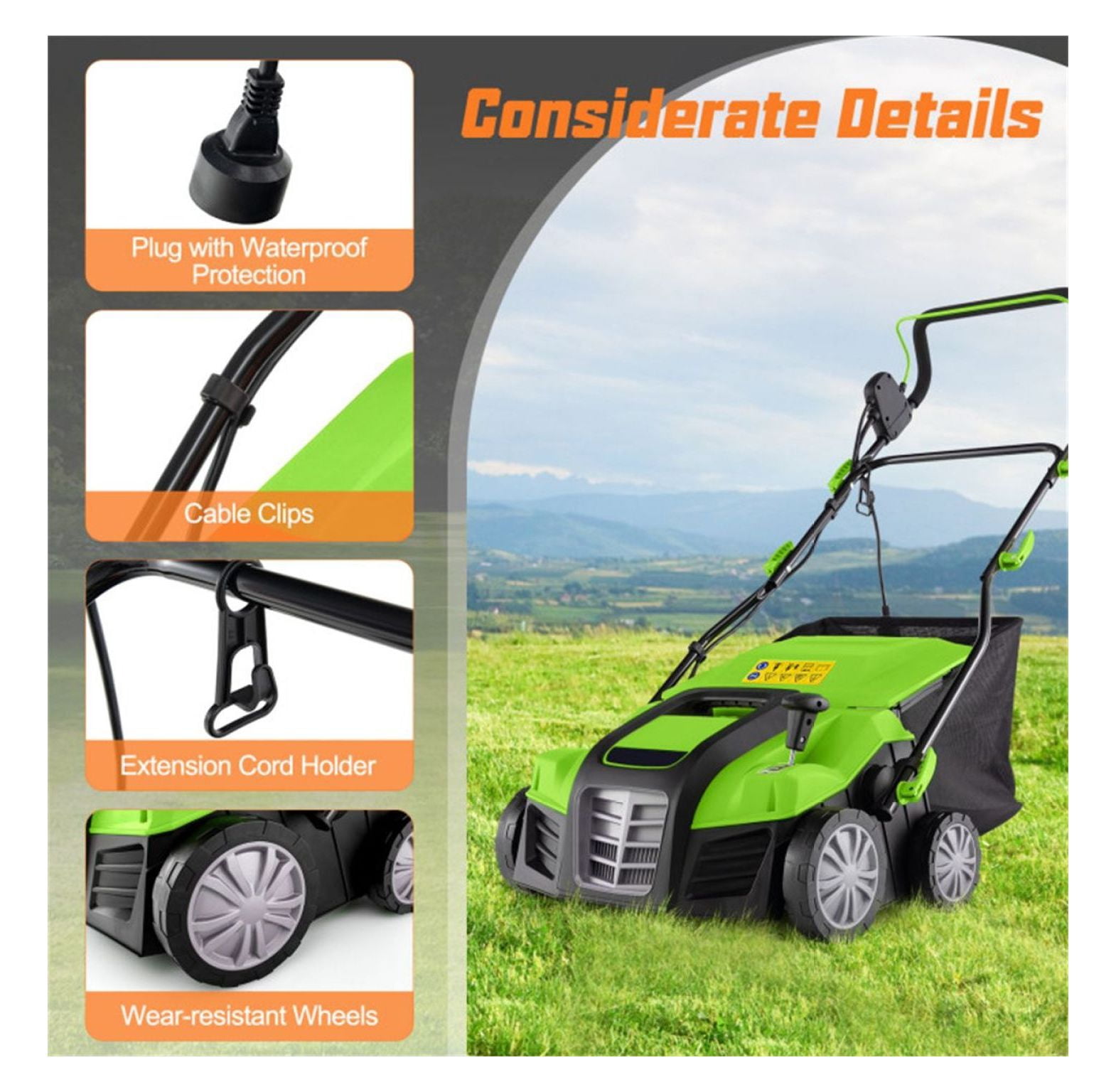 Electric Lawn Dethatcher, 16-Inch Corded Scarifier, 2-in-1 Adjustable Dethatching Machine with Grass Bag for Lawn Care - Green