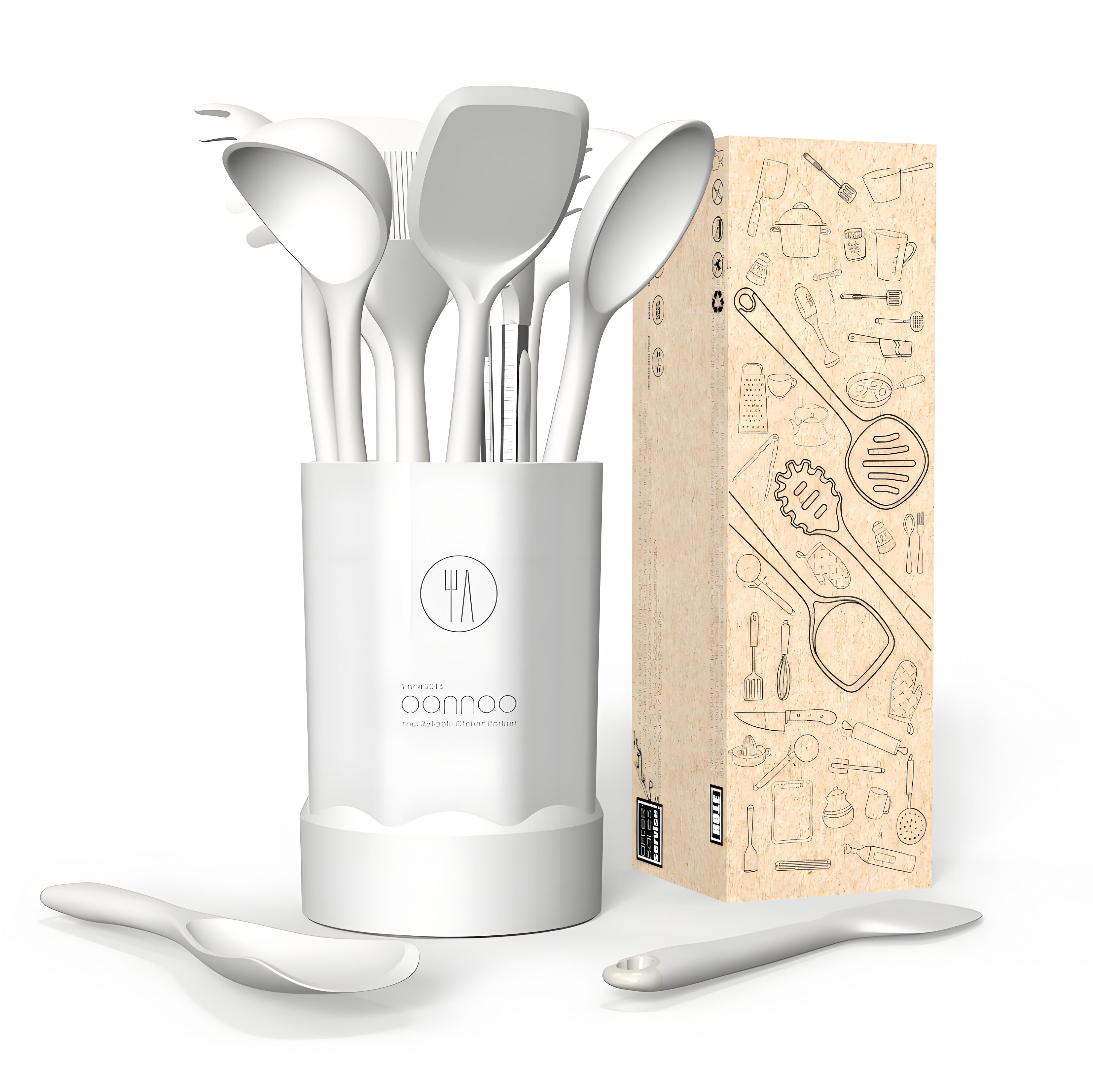 Silicone Kitchen Utensils Set, 600°F Heat Resistant Silicone Cooking Utensils, Spatula, Spoon, Whisk, Tongs, Kitchen Gadgets Tools Sets for Nonstick Cookware, Dishwasher Safe BPA Free (Cream White)