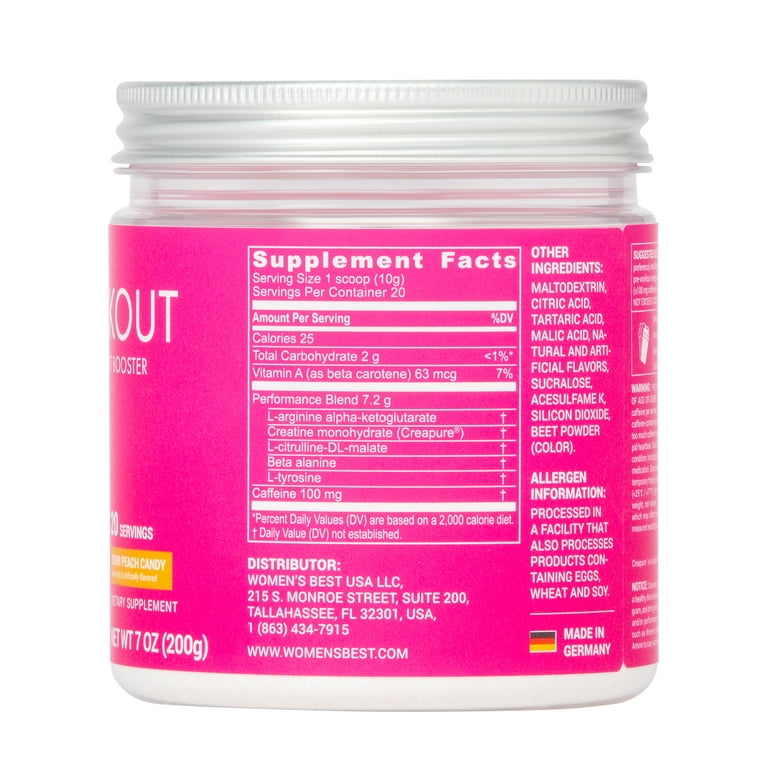 Women's Best Pre-Workout Booster Powder, Sour Peach Candy, 200g, 7 oz
