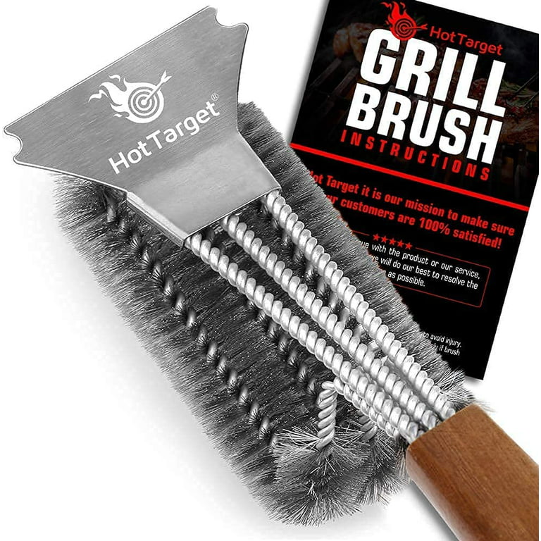 Hot Target Wood Handled Grill Brush and Scraper (18 inch), Silver