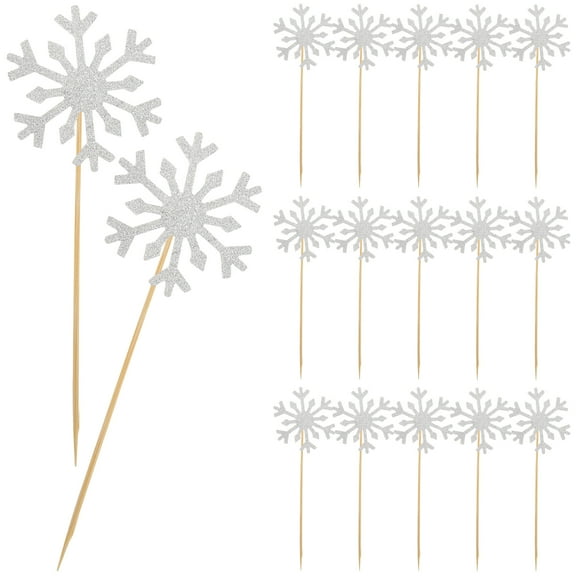 FRCOLOR Snowflake Cupcake Toppers Birthday Supplies Silver Paper and Bamboo Picks for Cakes Desserts