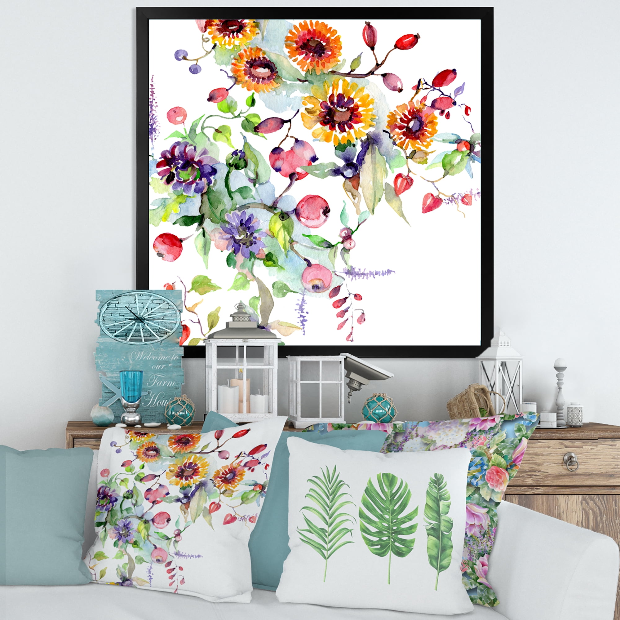 Wildflowers and Vibrant Wild Spring Leaves XI 16 in x 16 in Framed Painting Canvas Art Print, by Designart